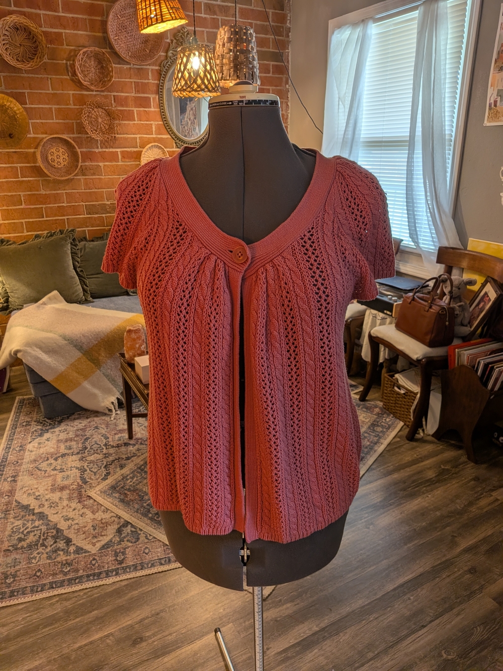 Sonoma Short Sleeve Open Knit Cardigan in Rust